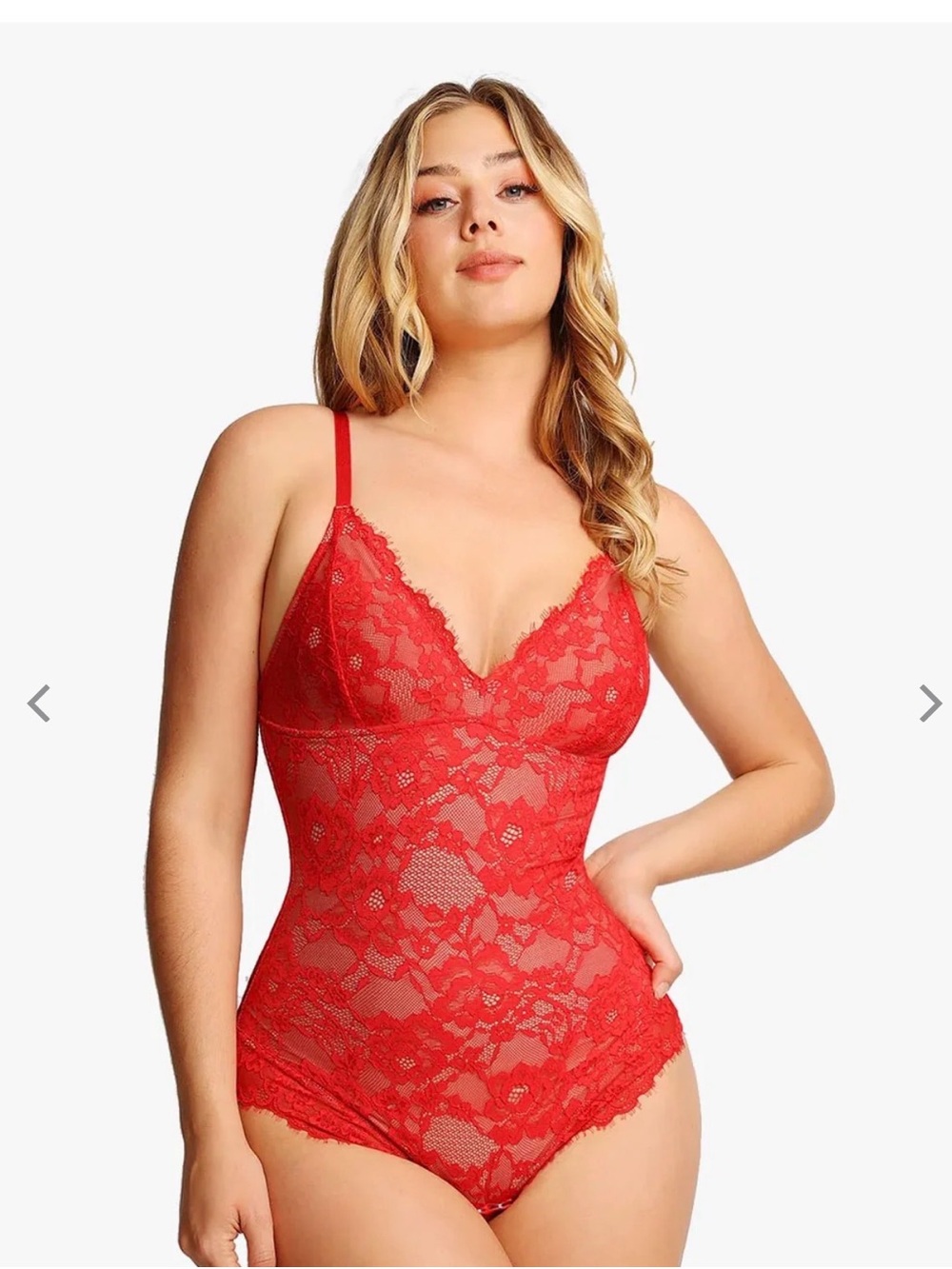 Lace V-Neck Sheer Bodysuit - Red